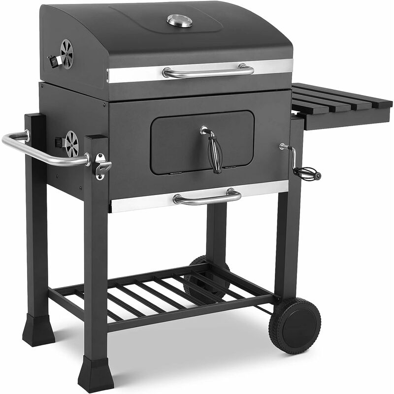 

Parrilla (116.3 * 105.5 * 55.7cm), carro de parrilla XXL con ruedas, parrilla de carbón con tapa, termómetro y abridor, bandeja de carbón y