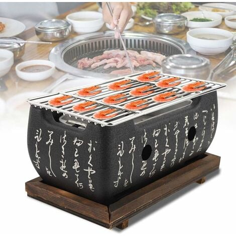 Parrilla de carbón, Horno rectangular Cocina japonesa Estufa de carbón Parrilla de mesa Estufa de barbacoa Barbacoa de alcohol portátil con malla de alambre y base de madera