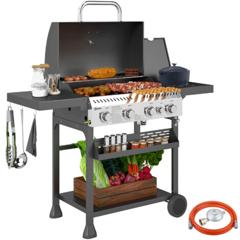 Parrilla de gas, BBQ, 4 quemadores principales, 1 quemador lateral, 1 rejilla calentadora 135 x 55 x 103 cm, negro