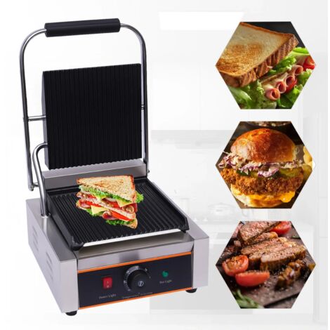 Parrilla eléctrica para paninis de 1800 W con placa de contacto ranurada, de acero inoxidable, 0-300 °C, 220 V