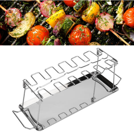 Parrilla vertical para muslos y alas de pollo con bandeja recogegrasa - Rejilla plegable de acero inoxidable con 12 ranuras + 2 pares de guantes de horno resistentes al calor (300 °C)