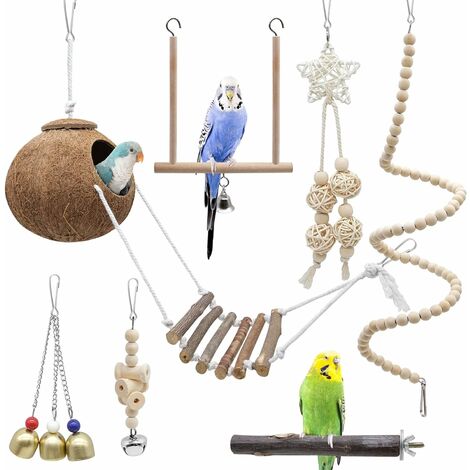 Parrot Bird Toys 7 piezas, jaula de pájaros de cáscara de coco natural con escalera, hamaca de escalada columpio, cadena de percha para pájaros, loros, periquitos, guacamayos, tortolitos