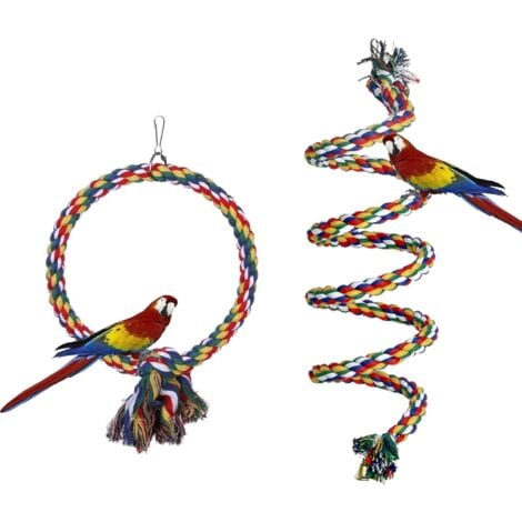WDDNAOT Parrot Toys, 2 Packs Hanging Chew Toys for Parakeets with Bell, 59 Inch Cotton Rope and 7 Inch Diameter Hanging Swing for Cockatiels