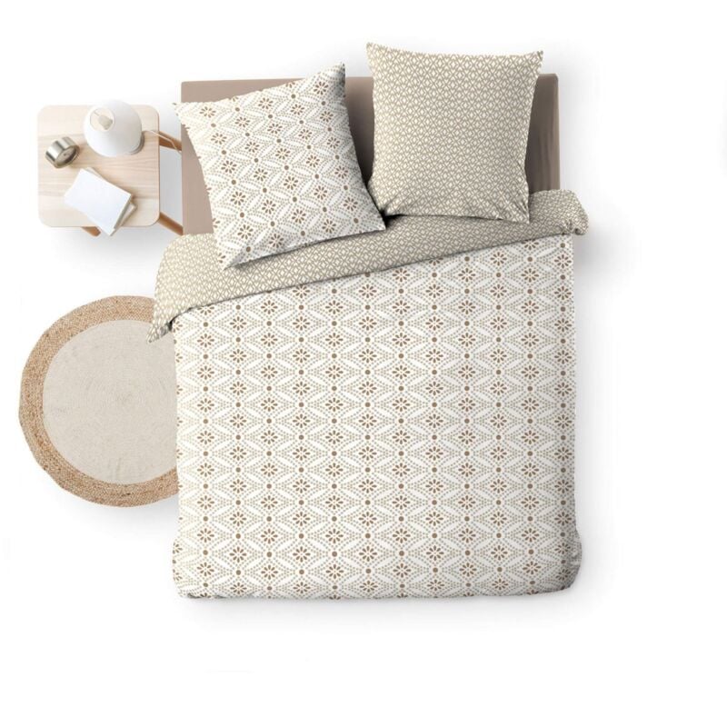 Housse de couette réversible - 240x260 cm + taies - Motif graphique blanc et beige