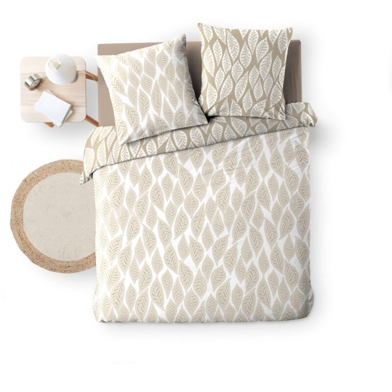 Housse de couette réversible - 220x240 cm + taies - Feuilles blanches et beiges