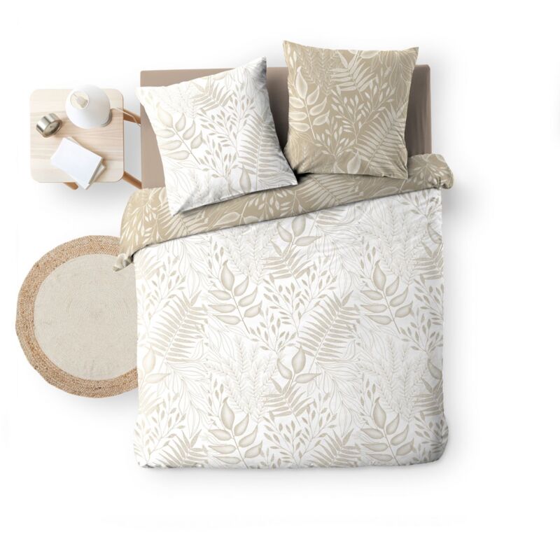 Housse de couette 260x240 cm + taies - Réversible - Feuilles blanche et naturel