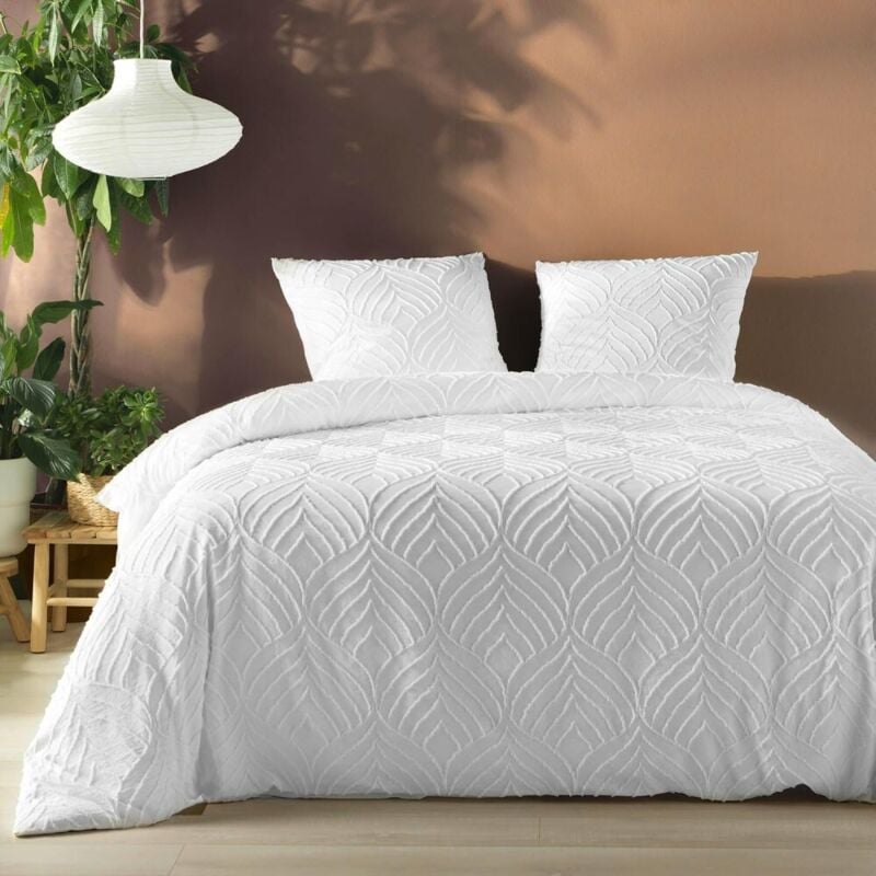 Parure de Lit 3 Pièces Heltie - Microfibre Tuftée Douce et Respirante, Certifiée Oeko-Tex - 260x240cm - Blanc.