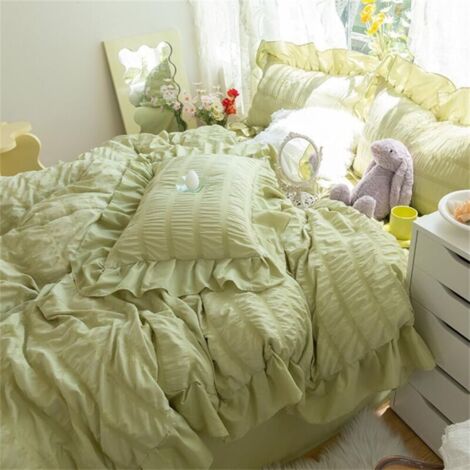 Parure 4 pcs volants seersucker – housse couette King 200×230 cm, drap-housse 150×200 cm, 2 taies 48×74 cm, microfibre légère & respirante, fermeture éclair invisible, vert tendre
