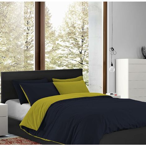 Parure Copripiumino Matrimoniale Double Face Prodotto Italiano Sacco e federe 100% Cotone Set Letto Bicolore BluNotte-Giallo - Matrimoniale