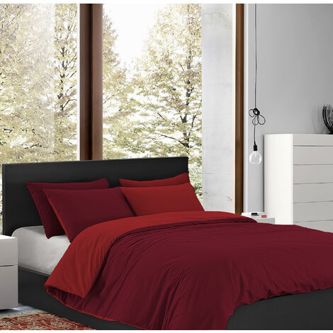 Parure Copripiumino Matrimoniale Double Face Prodotto Italiano Sacco e federe 100% Cotone Set Letto Bicolore Bordeaux-Rosso - Matrimoniale