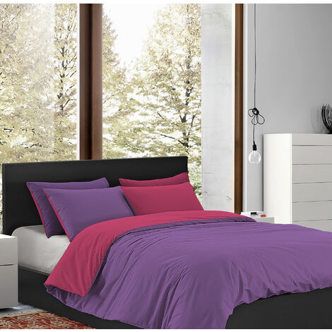 Parure Copripiumino Matrimoniale Double Face Prodotto Italiano Sacco e federe 100% Cotone Set Letto Bicolore Fragola-Viola - Matrimoniale