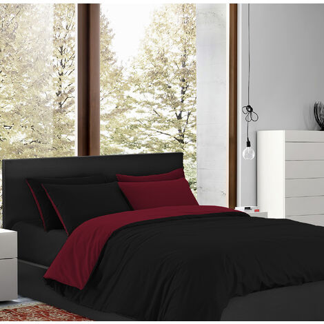Parure Copripiumino Matrimoniale Double Face Prodotto Italiano Sacco e federe 100% Cotone Set Letto Bicolore Nero-Bordeaux - Matrimoniale