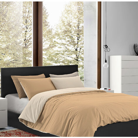 Parure Copripiumino Matrimoniale Double Face Prodotto Italiano Sacco e federe 100% Cotone Set Letto Bicolore Tortora-Beige - Matrimoniale