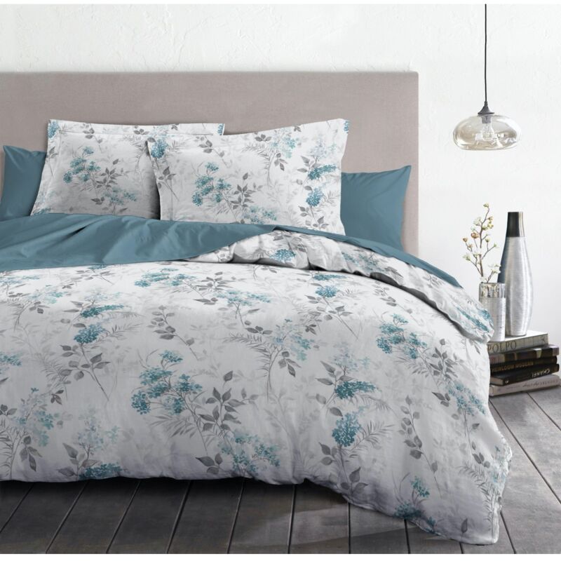 Home Linge Passion - Parure de couette 3 pieces coton 57 fils bleu 240x260 cm - pompadour