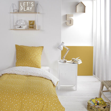 Parure de couette 140 x 200 "Happy Stella" Réversible 100% Coton / 57 Fils/cm² - Jaune