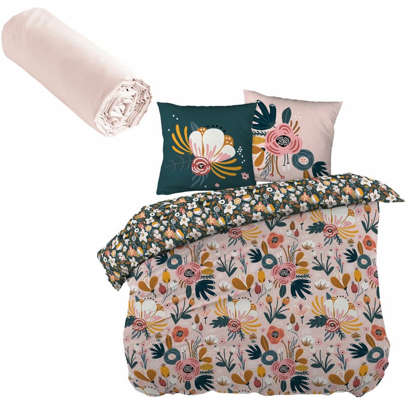 L'effet Papillon - Parure de couette 240x220 champetre et drap housse 180x200 rose
