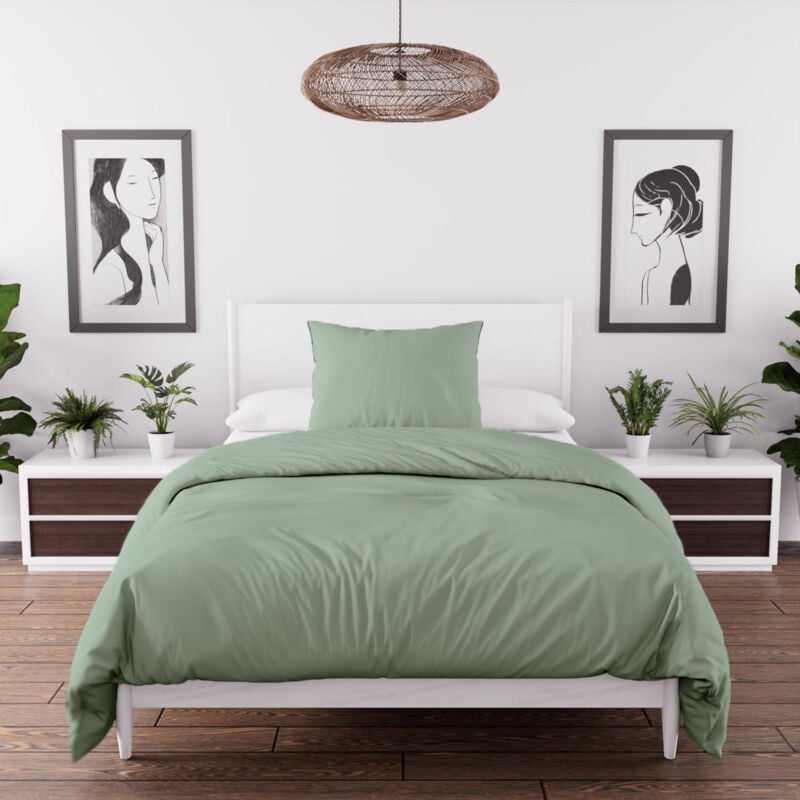 Parure de couette en microfibre lavée 140x200 cm boheme vert d'eau, par Soleil d'Ocre