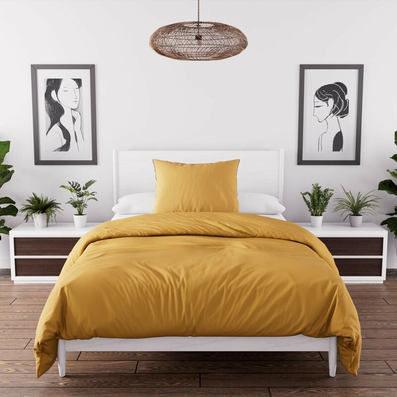 Parure housse de couette en microfibre lavée 140x200 cm boheme moutarde, par Soleil d'Ocre