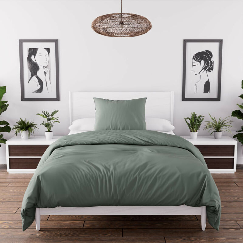 Parure housse de couette en microfibre lavée 140x200 cm boheme vert kaki, par Soleil d'Ocre