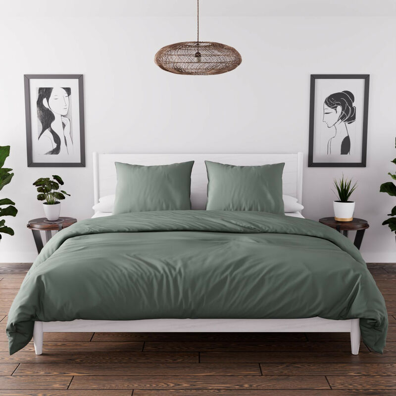 Parure housse de couette en microfibre lavée 240x220 cm boheme vert kaki, par Soleil d'Ocre