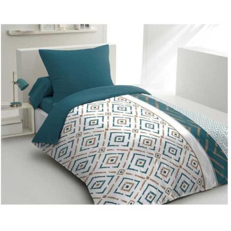 Parure de couette microfibre Ethno - 1 housse de couette 140x200 cm + 1 taie d'oreiller 63x63 cm - Bleu canard - HOME LINGE PASS