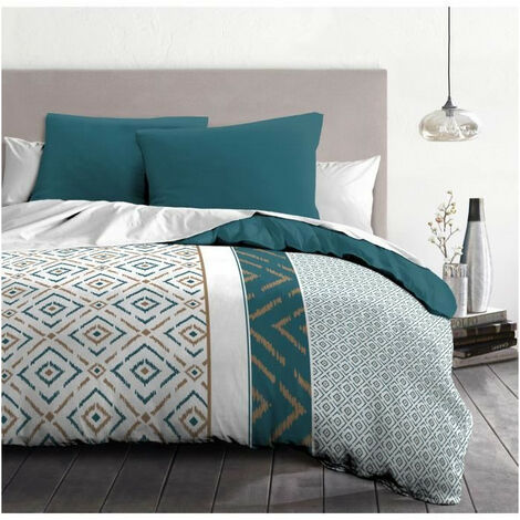 Parure de couette microfibre Ethno - 1 housse de couette 240x260 cm + 2 taies d'oreiller 63x63 cm - Bleu Canard - HOME LINGE PAS