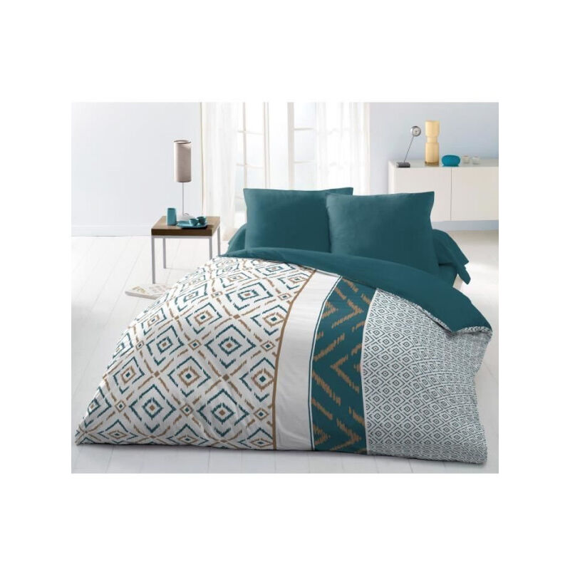 Les Tendances - Parure de couette Microfibre ethno 220x240cm et 2 taies doreillers 63x63cm Bleu Canard