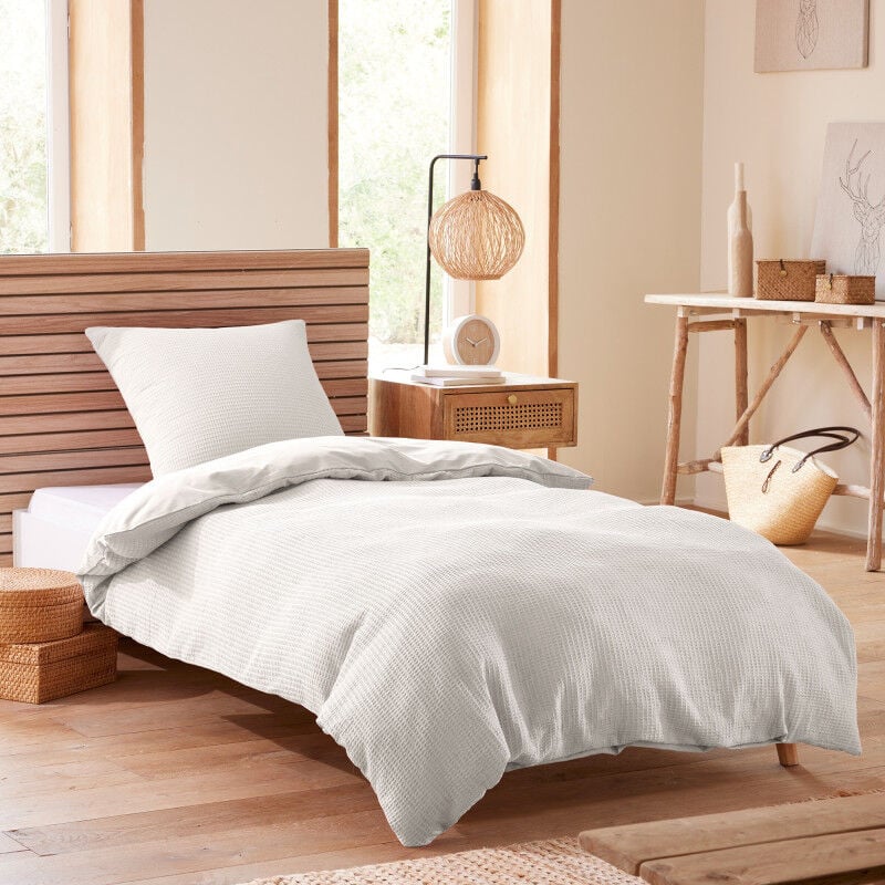 Parure de couette 'Nid d'abeille' 140 x 200 pour lit 1 place - Couleur : Neige