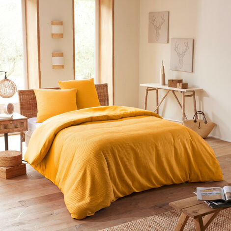 Parure de couette "Nid d'abeille" 240 x 220 pour lit 2 Places 140 à 160 cm - Couleur : Curry