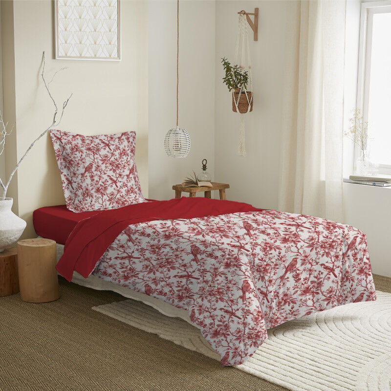 Coton Pur - Parure de draps 3 pièces pour lit 90 x 190 cm Bérengère rouge