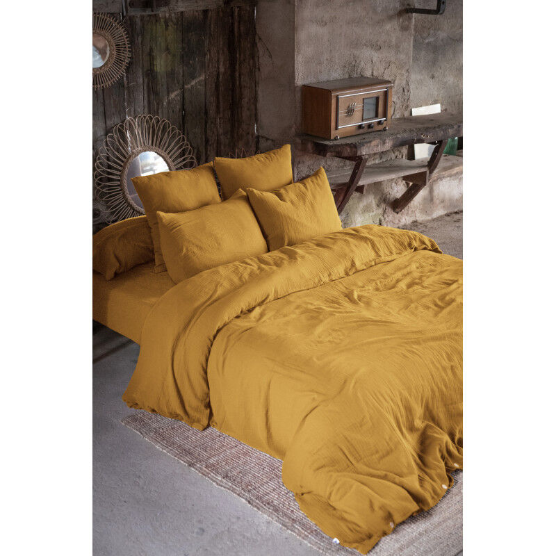 Parure de draps 4 pièces & 5 pièces 'Gaïa' Gaze de Coton - Couleur: Gaïa Safran - Parure de draps: Parure de draps 4 pièces (1 Drap plat 270 x 300 +