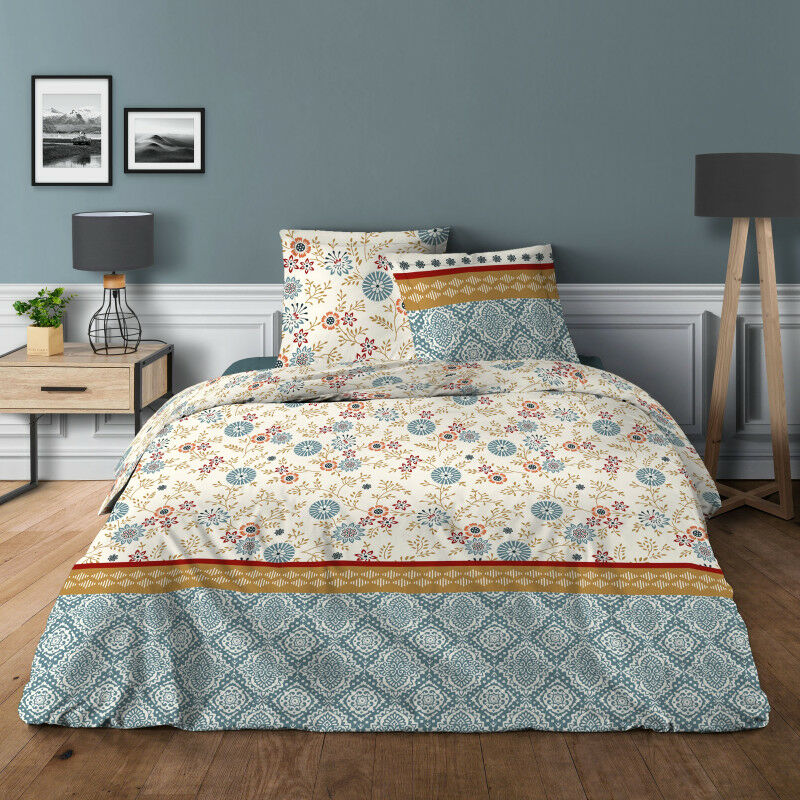 Parure de draps 4 pièces pour lit 160 x 200 cm 'Grande largeur' Nature bleu 100% coton / 57 fils/cm²