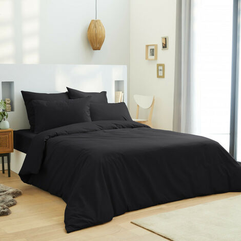 Parure de draps 4 pièces Unicolore Noir pour lit 160 x 200 cm "Grande Largeur" 100% coton / 57 fils/cm²