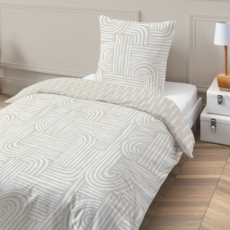 Parure de lit 1 personne en coton imprimé beige 140x200cm