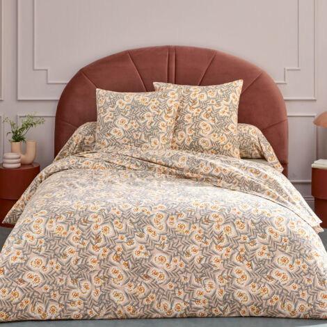 Parure de lit 100% flanelle de coton LILY gris orange 140x200 cm