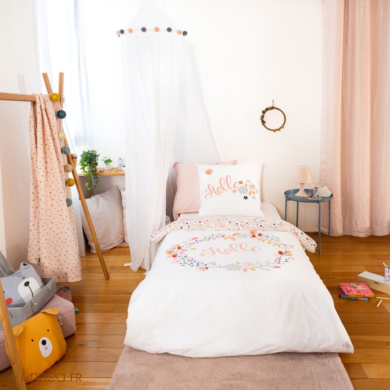 Linnea - Parure de lit 140x200 cm coton bci adouci hello blanc 2 pièces