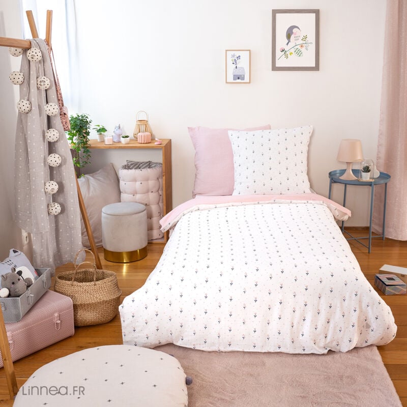 Linnea - Parure de lit 140x200 cm double gaze de coton fiori rose 2 pièces