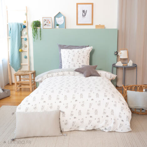 Parure de lit 140x200 cm double gaze de coton FORÊT gris 2 pièces