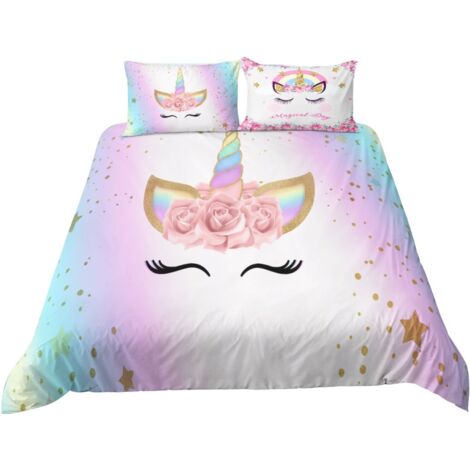 Parure de lit 140x200cm pour 1 personne réversible Motif Licorne roses colorées 3 pieces 1 housse de couette avec 2 taie d'oreiller 63x63cm