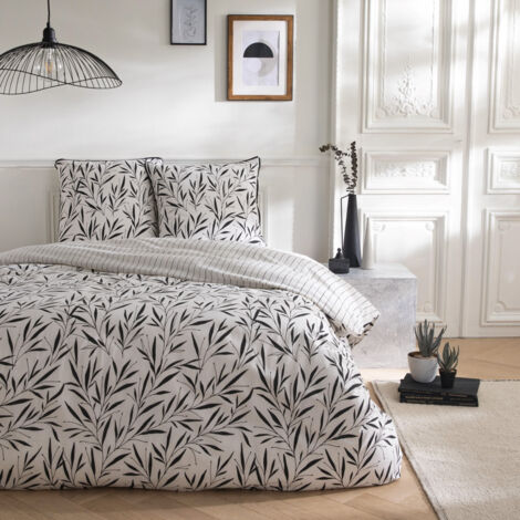 Parure de lit 2 personnes feuillage et rayures en coton 240x220cm