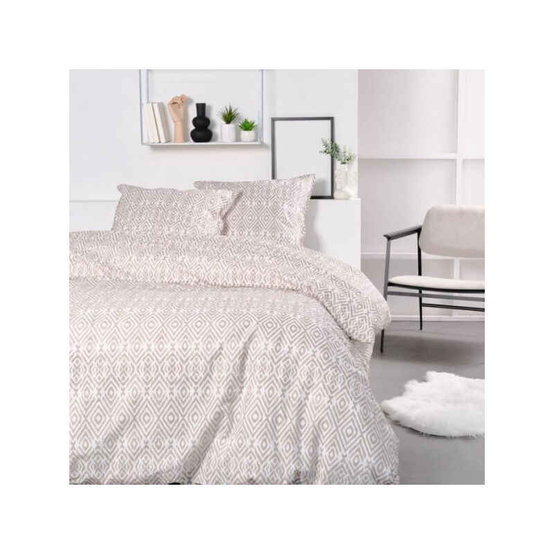 Today - Parure de lit 2 personnes 240x200 cm - 100% Coton - Beige et Blanc