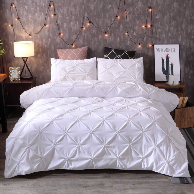 Housse de Couette à Plis Pincés, Luxueux Microfibre Parure de lit Plissée Blanc 3 Pièces,Une Housse de Couette de 135x200 cm et Deux Taie d'oreiller