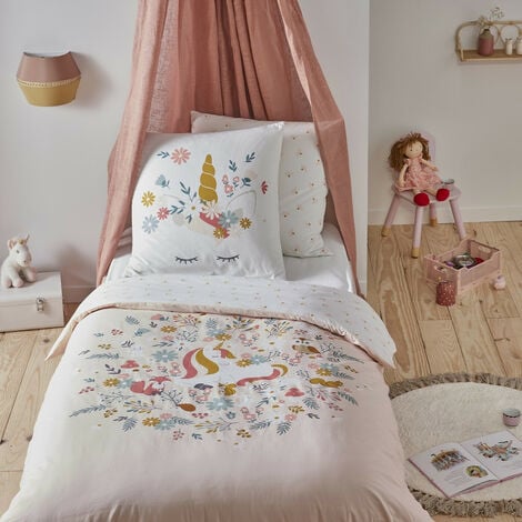 Parure de lit 2 pièces Enfant 1 personne Fille en coton 57 fils imprimé Licorne rose  +1 Taie d'oreiller 63x63 cm avec Fermeture Boutons