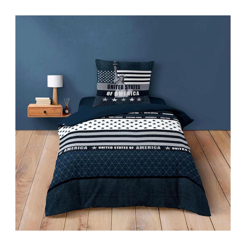 Paris Prix - Parure de Lit 2 Pièces 'States' 140x200cm Bleu