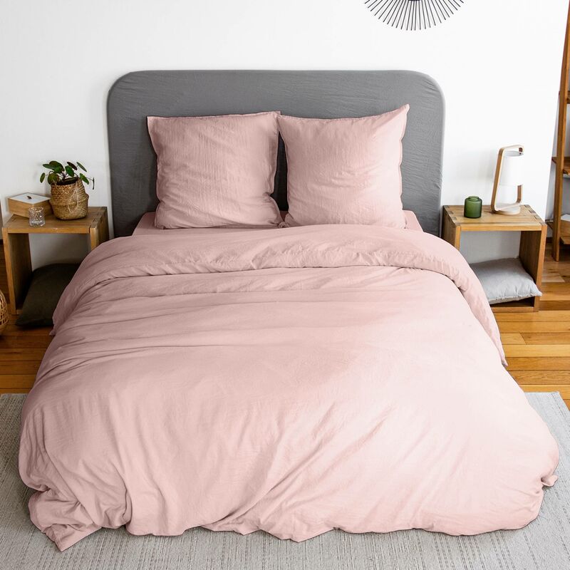 Parure de lit en microfibre lavée rose poudré. pour lit 2 places avec 2 taies d'oreillers 240x220 cm