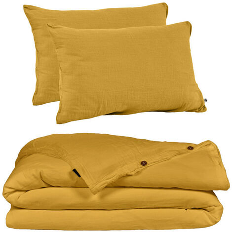Parure de lit 220 x 240 cm en double gaze de coton jaune - PEPA 1