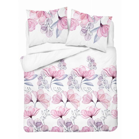 Parure de lit 220x200 Satin Microfibre Fleurs Blanc Rose