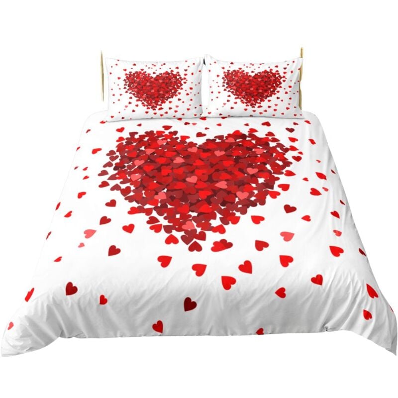 Parure de lit 220x240cm 2 personnes amour romantiques 3D effet 3 pieces 1 housse de couette avec 2 taies d'oreillers 63x63cm