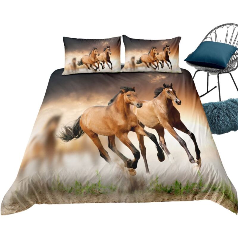 Parure de lit 220x240cm 2 personnes beau cheval 3D effet 3 pieces 1 housse de couette avec 2 taies d'oreillers 63x63cm