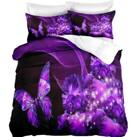 Parure de lit 220x240cm 2 personnes Papillon et fleurs violettes 3D effet 3 pieces 1 housse de couette avec 2 taies d'oreillers 63x63cm